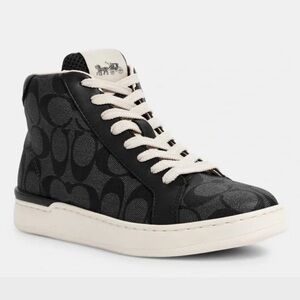 Coach Black/Charcoal Signature High-Top Sneaker with Cream Laces